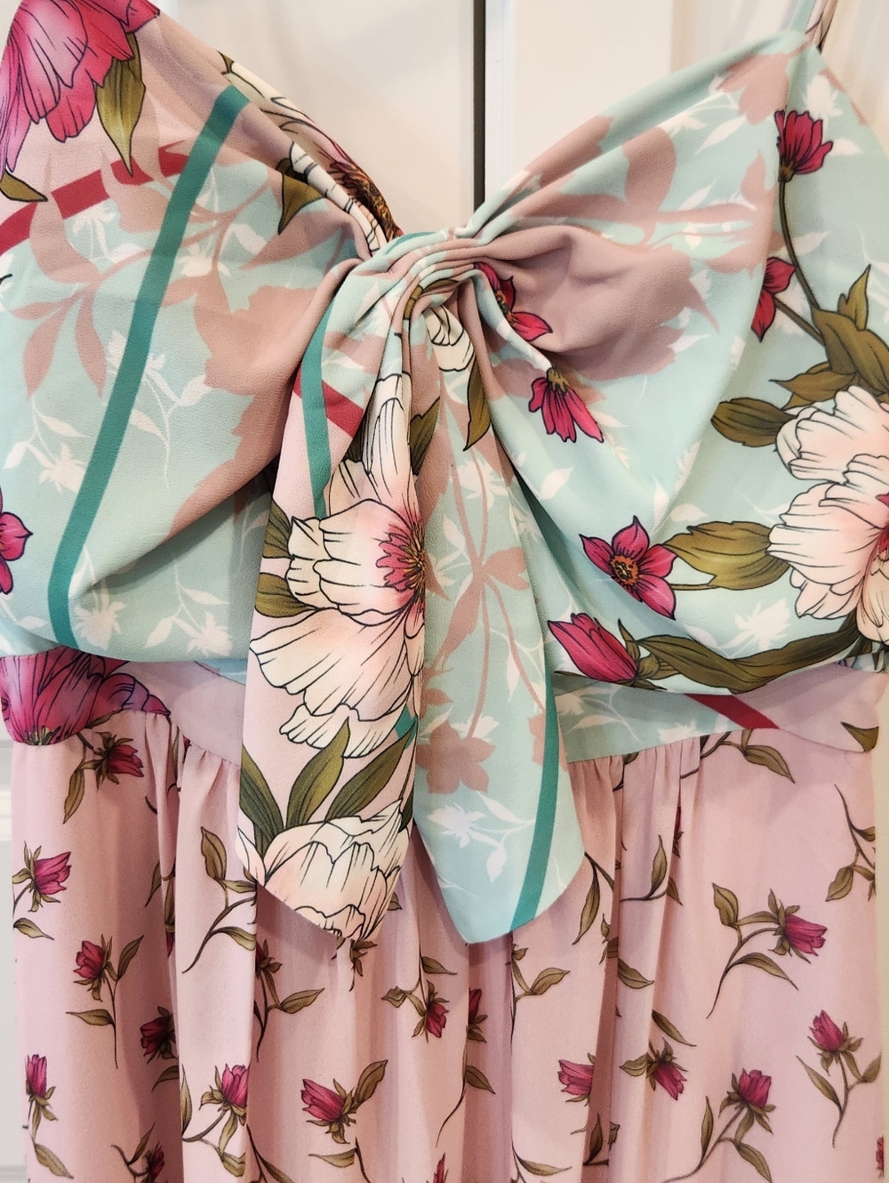 Badgley Mischka Pink Floral Maxi Dress with Mint Bow - Picture 2 of 9